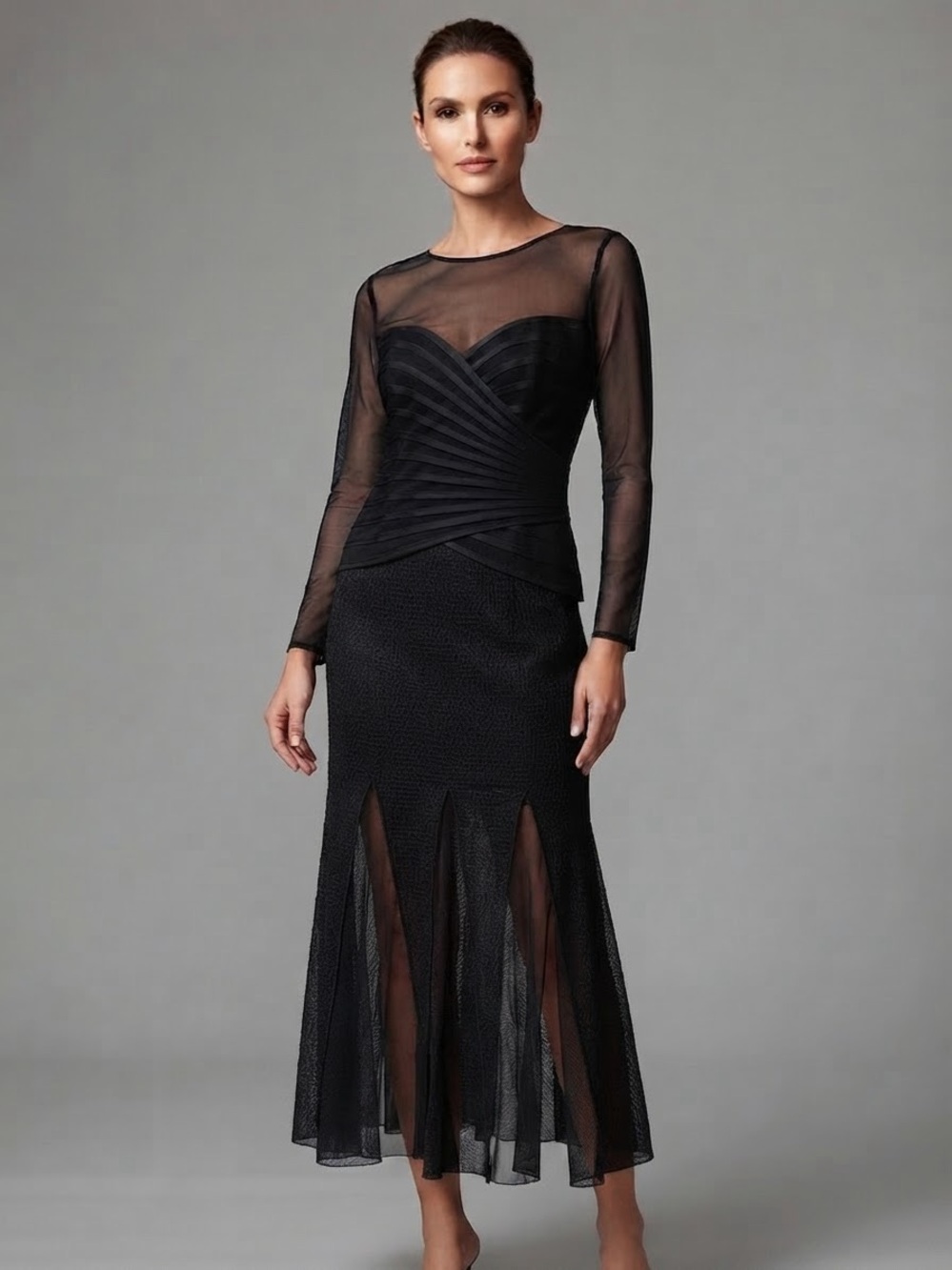 JS Collections Black Two Piece Blouse & Mesh Panel Fishtail Skirt Set Size 6